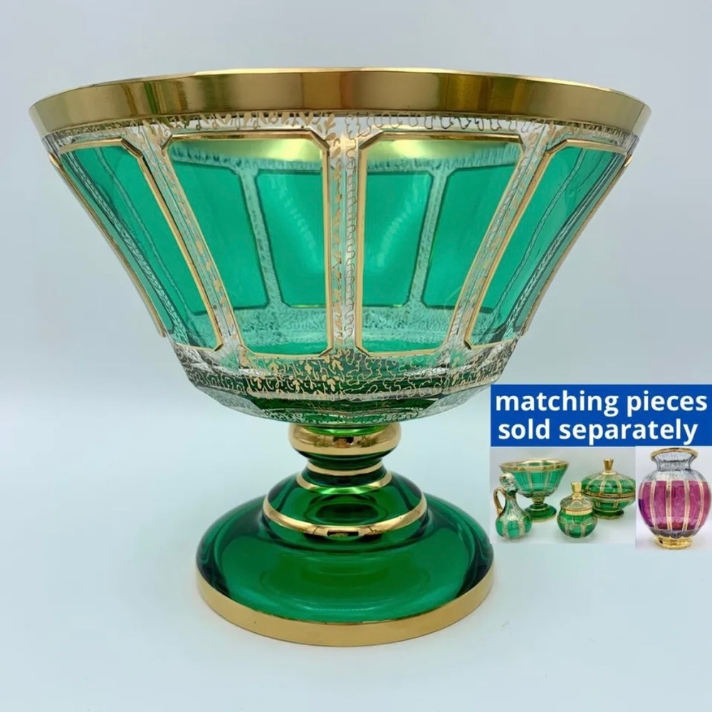 Bohemian Moser Cabochon Footed Bowl 8” Emerald Green Panels Crystal 24K Vintage